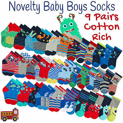 9 Pair Newborn Baby Boys Cotton Rich Socks Bundle Novelty Cars Space Dinosaur
