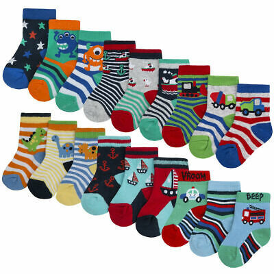 Newborn Baby Boys Cotton Rich Socks 9 Pair Bundle Novelty Cars Boats Dinosaur