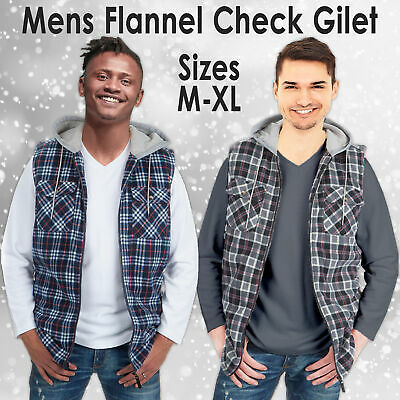 Mens Flannel Check Jacket Gilet Bodywarmer Sleeveless Worm Winter Hooded Jackets