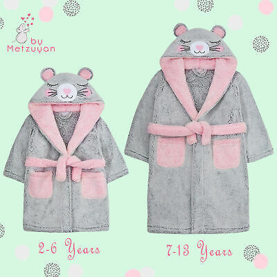 Girls Dressing Gown Novelty Mouse Kids Hooded Robe Fluffy Thick Snuggle Fleece