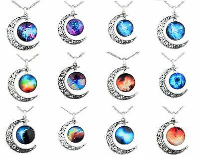 Necklace Glass Galaxy Lovely Planet  Pendant Silver Chain Crescent Moon Necklace