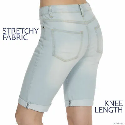 Ladies Womens Casual Stretch Denim Shorts Summer Knee Length Pants Sizes 8-22 UK