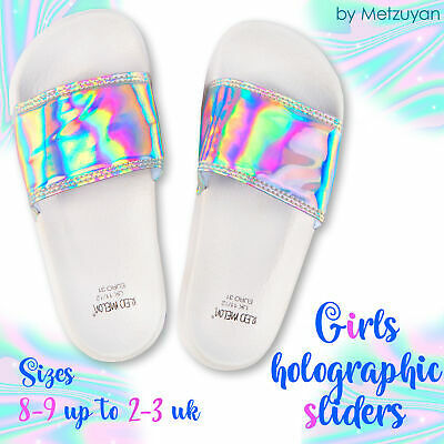 Girls Summer Sliders Holographic Iridescent Slip on Sliders for Girls Pool Beach