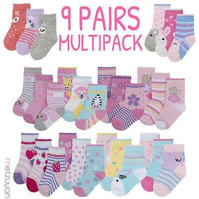 Baby Girls 9 Pairs Socks Novelty Assorted Designs Patterned Hosiery Cotton Rich