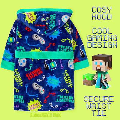 Kids Boys Robe Hooded Minecraft Novelty Dressing Gown Fleece Gamer 2-13 Years