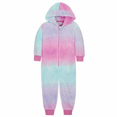Girls Pyjama Jumpsuit Playsuit Hooded Mermaid Unicorn Supersoft Plush Fleece