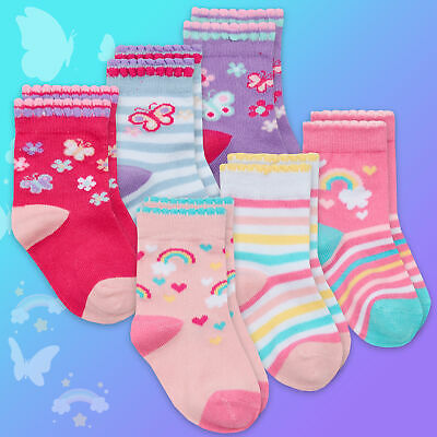 3 6 Pairs Baby Girls Novelty Cartoon Newborn Socks Cotton Rich Rainbow Butterfly