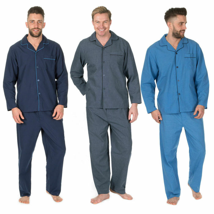 Mens Woven Pajama Set Shirt Trousers Nightwear Sleepwear Plain Pocket Light Warm