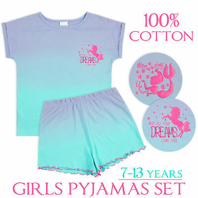 Kids Girls Summer Unicorn Pyjamas Gradient Ombre Short Sleeve Pyjama Set Cotton