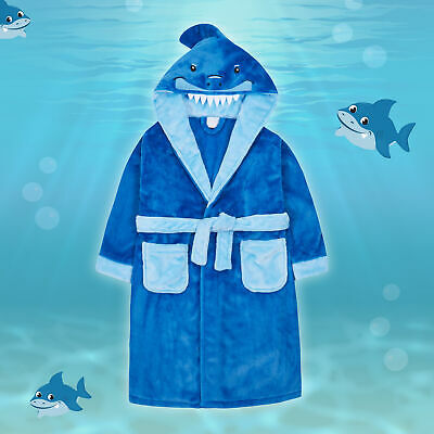 Kids Child Boys Shark Dressing Gown Novelty 3D Hooded Soft Touch Fleece Bathrobe