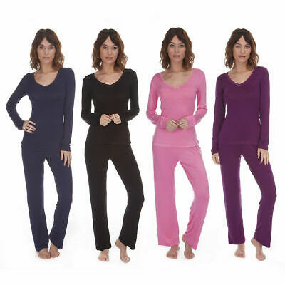 Ladies Viscose Pyjama PJ Set Long Sleeve T-Shirt Top Pants Bottoms Nightwear