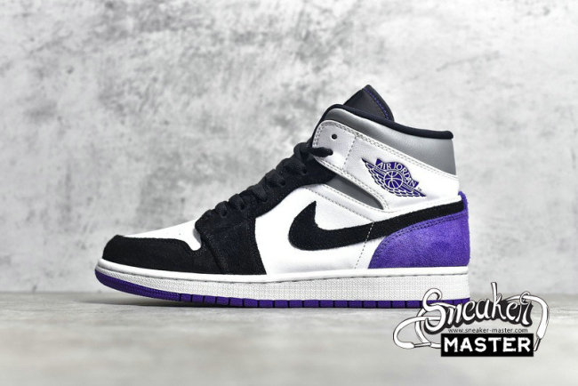 NIKE AIR JORDAN 1 MID SE WHITE/BLACK-LIGHT SOLAR FLARE HEATHER-VARSITY PURPLE 852542-105