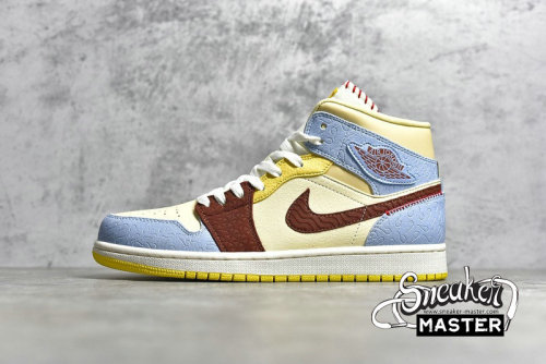 NIKE AIR JORDAN 1 MID SE MAISON CHATEAU ROGUE FEARLESS WHITE/BROWN/BLUE-YELLOW CU2803-200