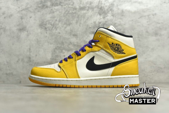 NIKE AIR JORDAN 1 MID SE LAKERS UNIVERSITY GOLD/PALE IVORY-COURT PURPLE-BLACK 852542-700