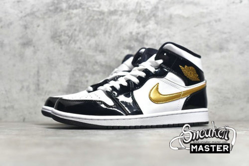 NIKE AIR JORDAN 1 MID PATENT BLACK/WHITE-METALLIC GOLD 852542-007