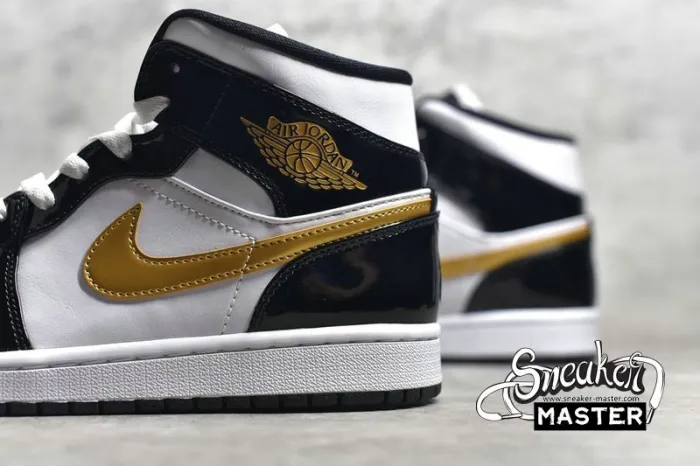 NIKE AIR JORDAN 1 MID PATENT BLACK/WHITE-METALLIC GOLD 852542-007