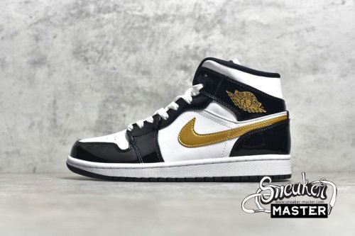NIKE AIR JORDAN 1 MID PATENT BLACK/WHITE-METALLIC GOLD 852542-007