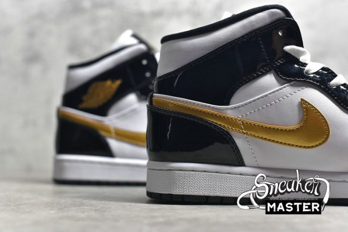 NIKE AIR JORDAN 1 MID PATENT BLACK/WHITE-METALLIC GOLD 852542-007