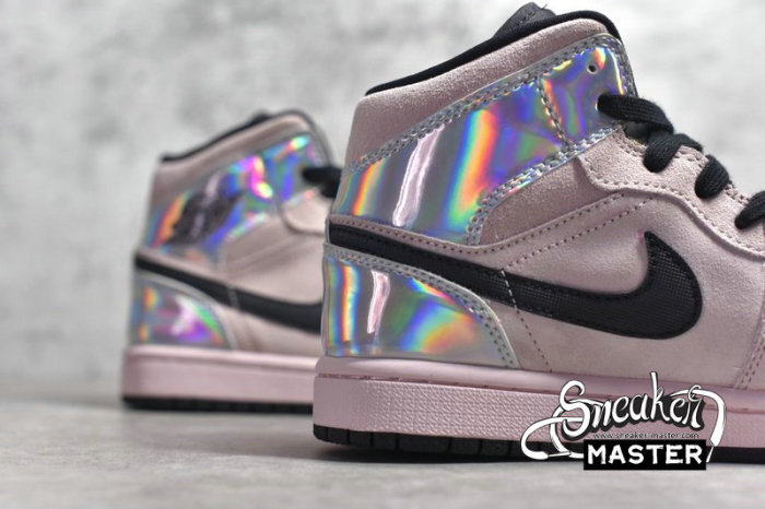 NIKE AIR JORDAN 1 MID IRIDESCENT BARELY ROSE/BLACK/SILVER BQ6472-602