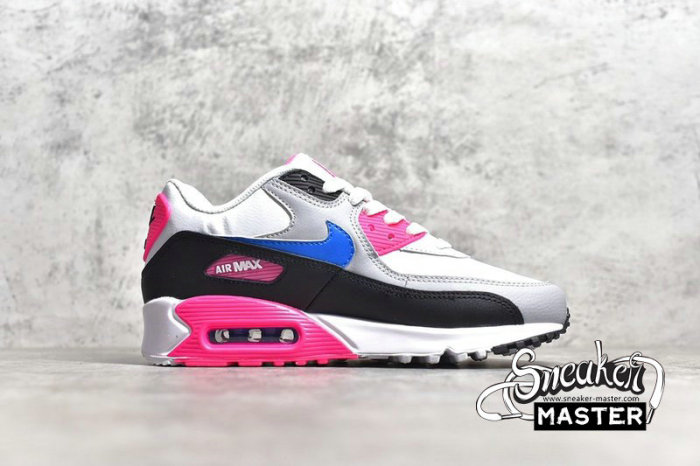 NIKE AIR MAX 90 LEATHER GS WHITE/PINK/BLUE-BLACK 833376-107