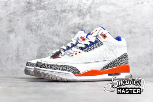 NIKE AIR JORDAN 3 RETRO KNICKS WHITE/OLD ROYAL-UNIVERSITY ORANGE-TECH GREY 136064-148