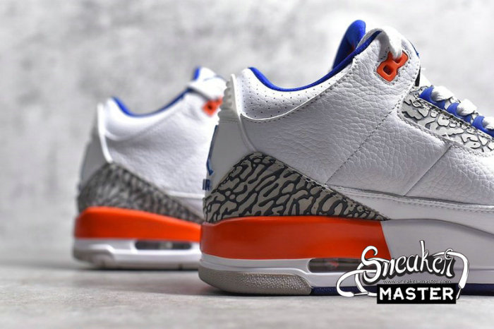 NIKE AIR JORDAN 3 RETRO KNICKS WHITE/OLD ROYAL-UNIVERSITY ORANGE-TECH GREY 136064-148