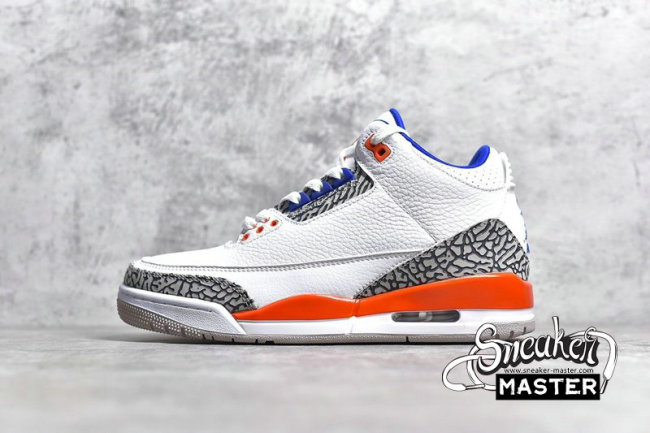 NIKE AIR JORDAN 3 RETRO KNICKS WHITE/OLD ROYAL-UNIVERSITY ORANGE-TECH GREY 136064-148