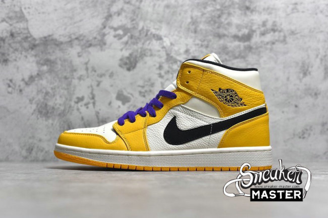 NIKE AIR JORDAN 1 MID SE LAKERS UNIVERSITY GOLD/BLACK-PALE IVORY-COURT PURPLE 852542-700