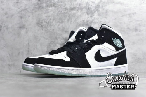 NIKE AIR JORDAN 1 MID SE GS GLOW IN THE DARK PANDA WHITE/BLACK-TEAL TINT BQ6931-103