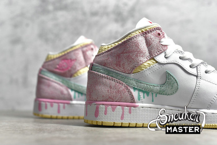 NIKE AIR JORDAN 1 MID SE GS PAINT DRIP WHITE/ARCTIC PUNCH/PALE VANILLA/GREEN GLOW DD1666-100