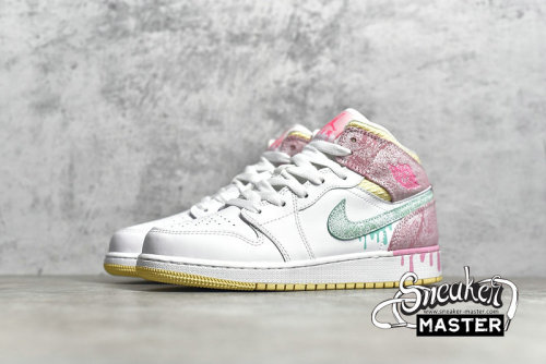 NIKE AIR JORDAN 1 MID SE GS PAINT DRIP WHITE/ARCTIC PUNCH/PALE VANILLA/GREEN GLOW DD1666-100