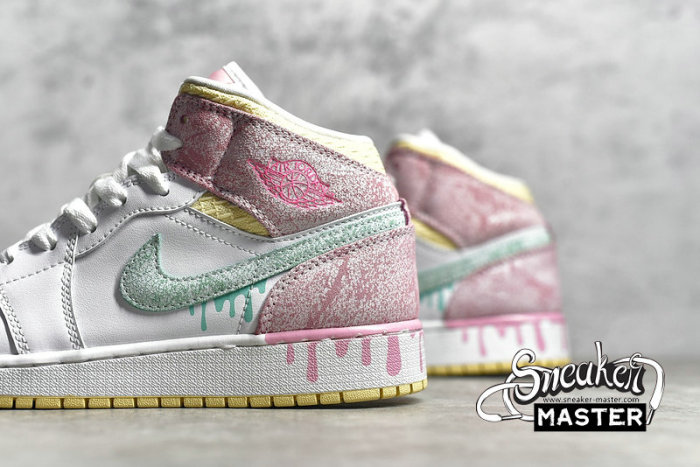 NIKE AIR JORDAN 1 MID SE GS PAINT DRIP WHITE/ARCTIC PUNCH/PALE VANILLA/GREEN GLOW DD1666-100