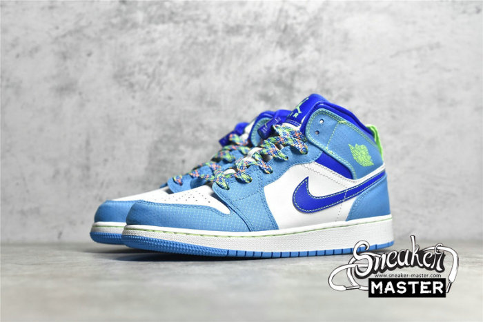 NIKE AIR JORDAN 1 MID SE GS SPRITE DARK POWDER BLUE/RACER BLUE/GREEN STRIKE DA8010-400