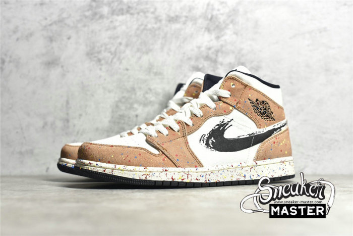 NIKE AIR JORDAN 1 MID SE BRUSHSTROKE PAINT SPLATTER SAIL/BLACK/CIDER/CHILE RED DA8005-100