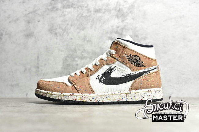 NIKE AIR JORDAN 1 MID SE BRUSHSTROKE PAINT SPLATTER SAIL/BLACK/CIDER/CHILE RED DA8005-100