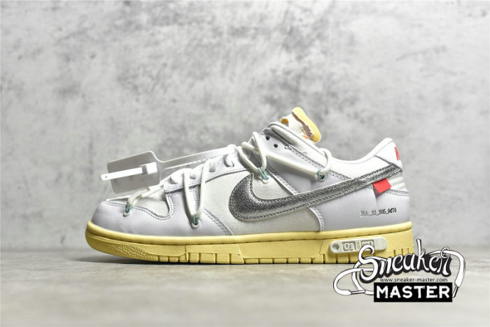 NIKE OFF-WHITE X SB DUNK LOW LOT 01 OF 50 WHITE/METALLIC SILVER/BUTTER DM1602-127