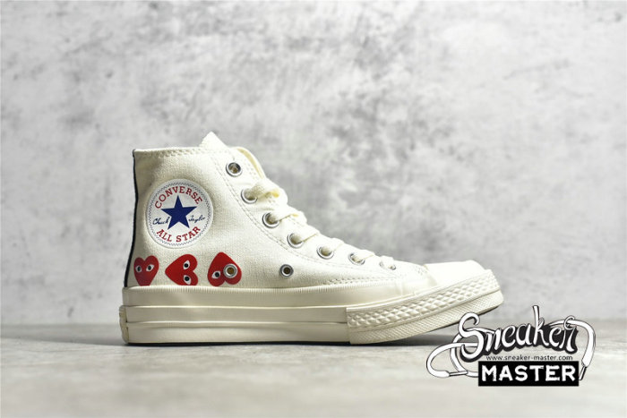 CONVERSE COMME DES GARÇONS PLAY X CHUCK TAYLOR 70S HI TOP MULTI HEART WHITE/WHITE/RED 162972C