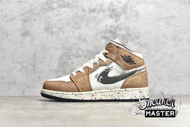 NIKE AIR JORDAN 1 MID SE GS BRUSHSTROKE PAINT SPLATTER SAIL/CIDER/CHILE RED/BLACK DA8006-100
