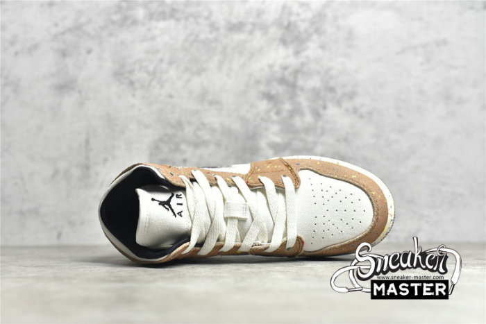 NIKE AIR JORDAN 1 MID SE GS BRUSHSTROKE PAINT SPLATTER SAIL/CIDER/CHILE RED/BLACK DA8006-100