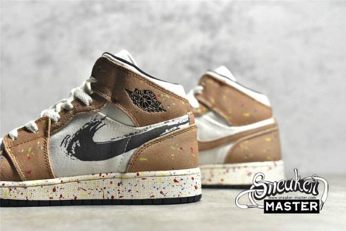 NIKE AIR JORDAN 1 MID SE GS BRUSHSTROKE PAINT SPLATTER SAIL/CIDER/CHILE RED/BLACK DA8006-100