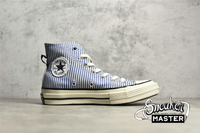 CONVERSE CHUCK TAYLOR ALL-STAR 70S HIGH WASHED INDIGO HICKORY STRIPES WASHED INDIGO/EGRET/BLACK A00472C