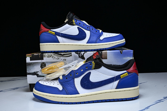 HQ6998-146 FRAGMENT DESIGN UNION AIR JORDAN 1 LOW-TOP CASUAL SNEAKERS WHITE/BLUE/BLACK/RED