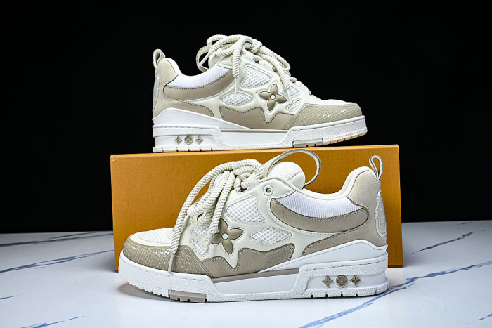 LEATHER CASUAL SPORTS SHOES BEIGE/BROWN/WHITE