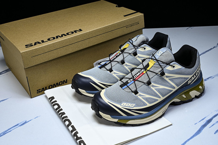 414551-28 XT-6 OUTDOOR TRAIL RUNNING SHOES BLUE/BEIGE/BLACK/GREEN