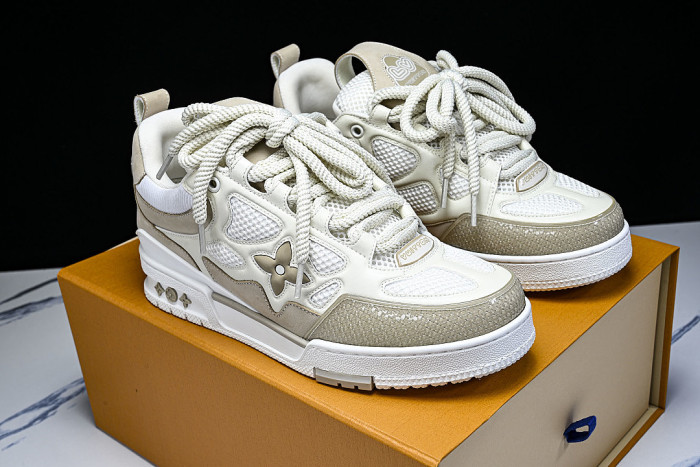 LEATHER CASUAL SPORTS SHOES BEIGE/BROWN/WHITE
