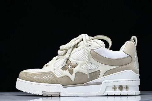 LEATHER CASUAL SPORTS SHOES BEIGE/BROWN/WHITE