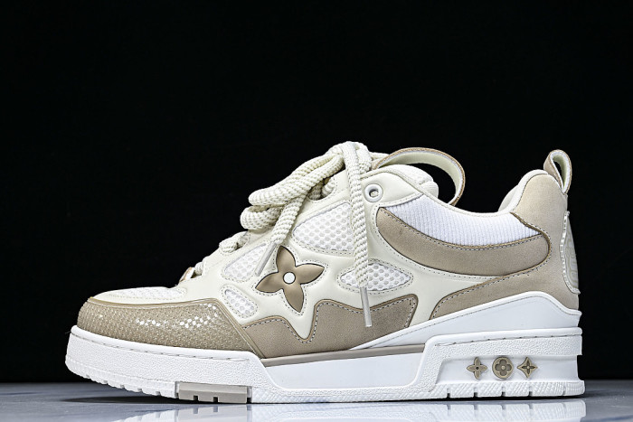 LEATHER CASUAL SPORTS SHOES BEIGE/BROWN/WHITE