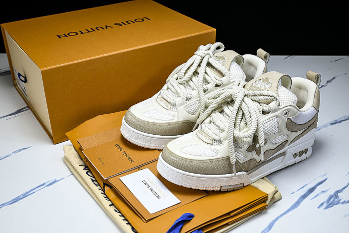 LEATHER CASUAL SPORTS SHOES BEIGE/BROWN/WHITE