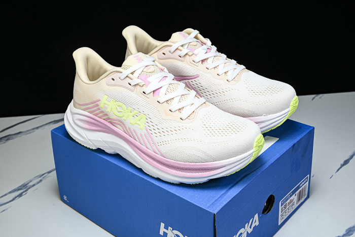 1176573-TWW ONE ONE CLIFTON 11 KNITTED MESH RUNNING SHOES BEIGE/PINK/GREEN