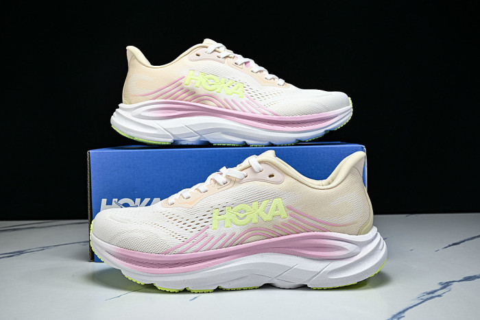 1176573-TWW ONE ONE CLIFTON 11 KNITTED MESH RUNNING SHOES BEIGE/PINK/GREEN